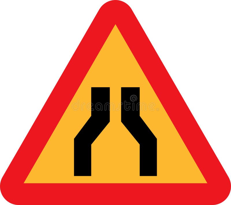 Narrow Road Ahead Traffic Sign Vector Icon Yellow and Red Colored