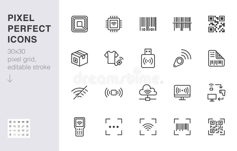 RFID, qr code, barcode line icon set. Price tag scanner label reader, identification microchip vector illustration royalty free illustration RFID, qr code, barcode line icon set. Price tag scanner label reader, identification microchip vector illustration royalty free illustration