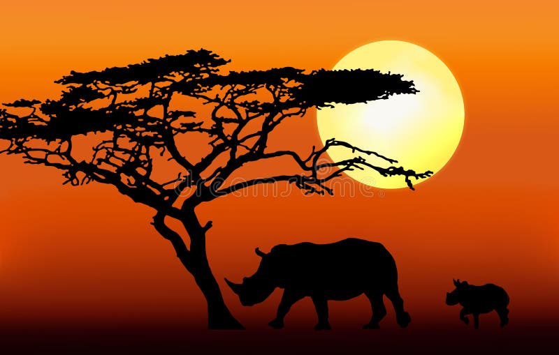 Rhino with calf silhouette