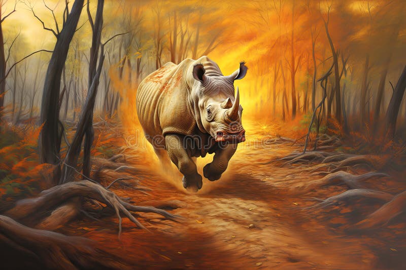 Rinoceros care fuge de un incendiu forestier generat stock illustration