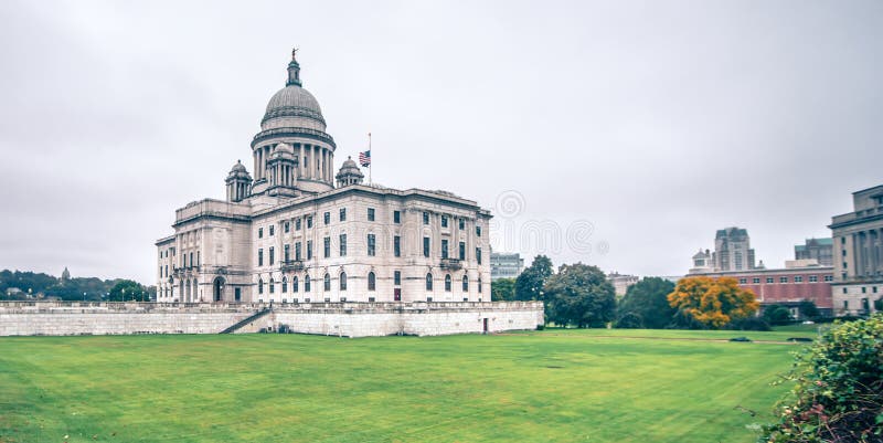 Rhode island state capitol building on cloudy day