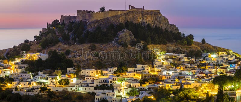 Rhodes, Greece-panoramic view of Lindos, town, fortress and Acropolis