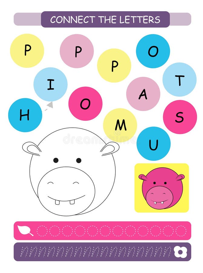 Connect the letters - Hippopotamus. Printable worksheet for preschool and kindergarten kids. Alphabet learning letters and colorin vector illustration Connect the letters - Hippopotamus. Printable worksheet for preschool and kindergarten kids. Alphabet learning letters and colorin vector illustration
