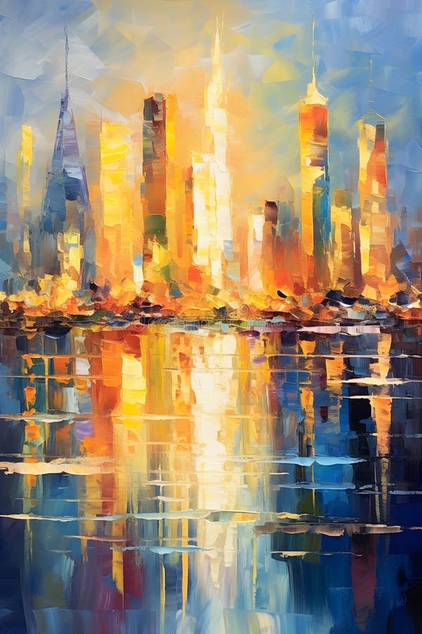 The rhythmic dance of city lights reflected on a tranquil river. Generative AI royalty free illustration