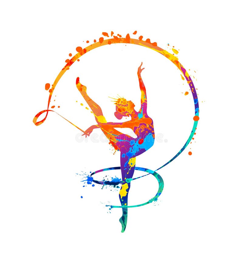 Rhythmic gymnastikflicka med ribbon. dansarsilhuett stock illustrationer