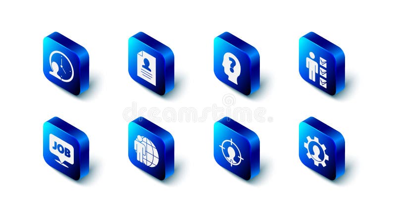 Set Resume Head with question mark User of man in business suit Human gear hunting Speech bubble job and Time Management icon. Vector. Set Resume Head with question mark User of man in business suit Human gear hunting Speech bubble job and Time Management icon. Vector.