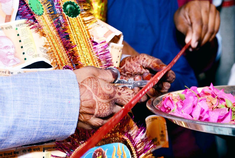Ribbon Cutting in Indian Wedding Ritual Stock Photo Image of