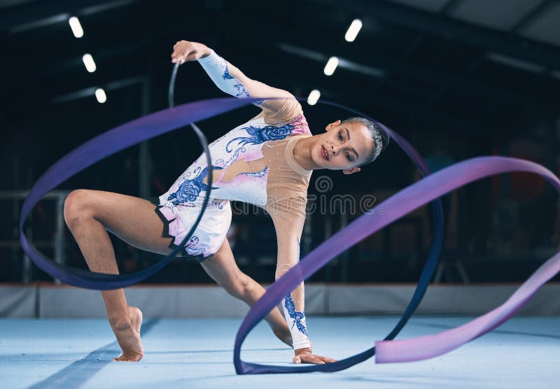 Ribbon, Gymnastics and Woman Dancer in Performance, Action and Sports