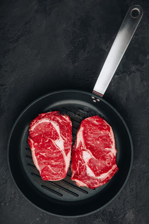 Ribeye Steak, Raw Fresh Beef Meat in Grill Pan Stock Image Image of