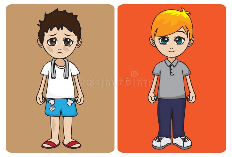 An illustration of a rich kid versus a poor kid. An illustration of a rich kid versus a poor kid.