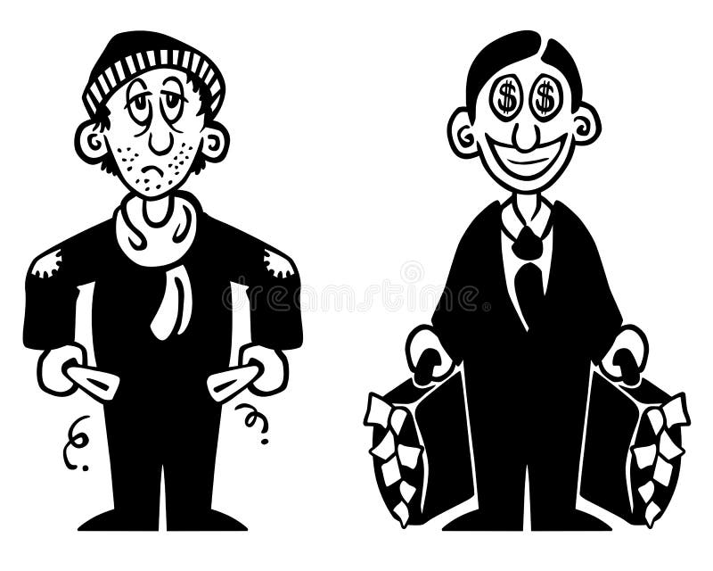 Black and white illustration of a poor and a rich man. Black and white illustration of a poor and a rich man