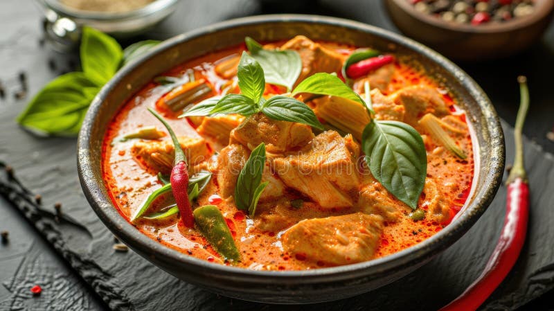 Ricco e aromatico curry rosso thailandese con teneri pezzi di pollo fresco basilico e peperoncini rossi vibranti Generative AI royalty illustrazione gratis