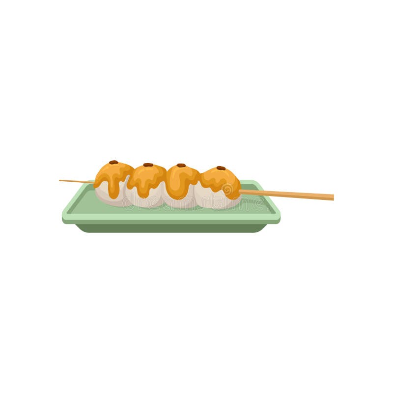 Rice balls topped with sweet sauce. Traditional Japanese dessert on wooden stick. Flat vector for recipe book, promo royalty free illustration Rice balls topped with sweet sauce. Traditional Japanese dessert on wooden stick. Flat vector for recipe book, promo royalty free illustration
