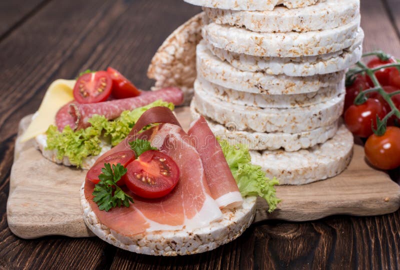 Rice Cakes with fresh Ham stock photo. Image of food 31674892
