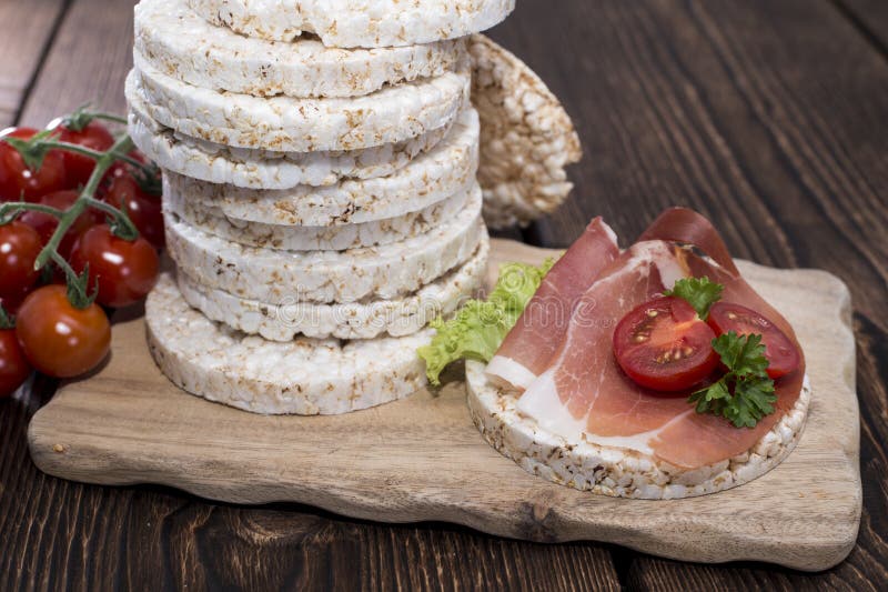 Rice Cakes with fresh Ham stock image. Image of lettuce 33159123