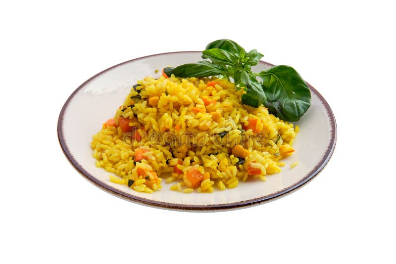 Rice Curry with Nut, Corn and Carrot Isolated on White Stock Image