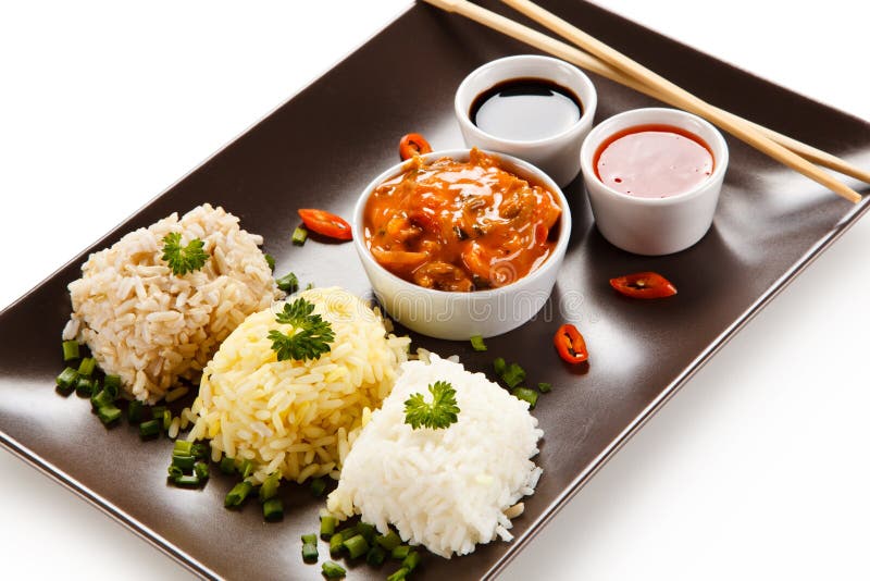 Rice Dish with Various Sauces Stock Photo Image of prepared, plate
