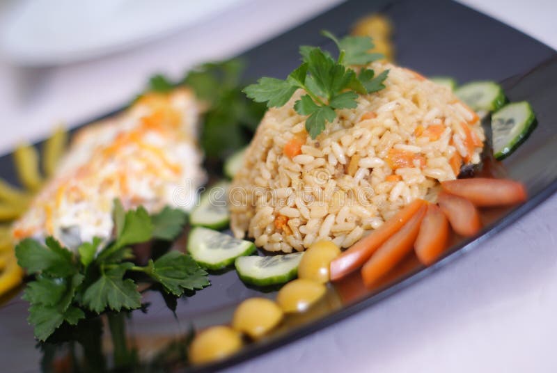 Rice and fish stock image. Image of leek, seafood, vegetable 84148185