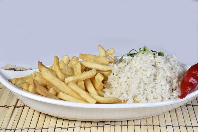 Rice and Fried Potato Isolated Background Stock Image Image of