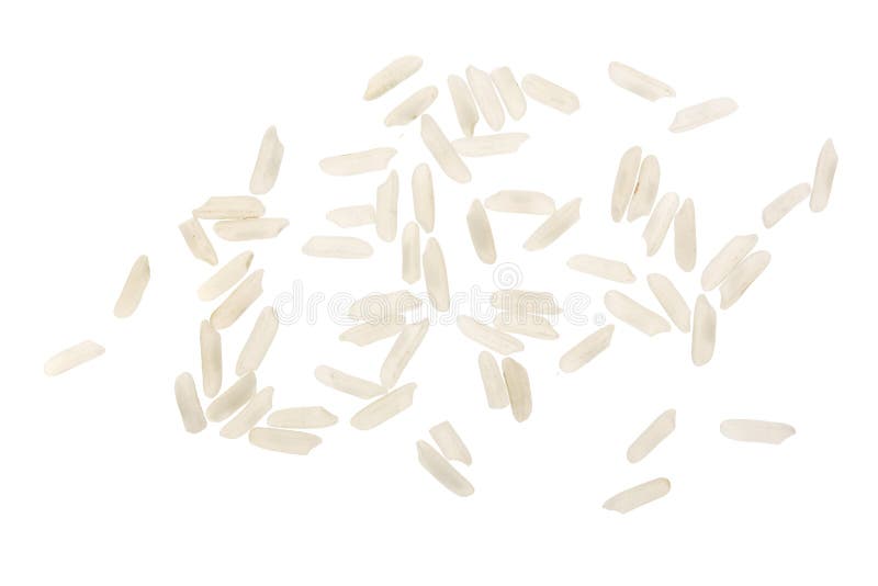 Rice grains isolated on white background. Top view. Flat lay