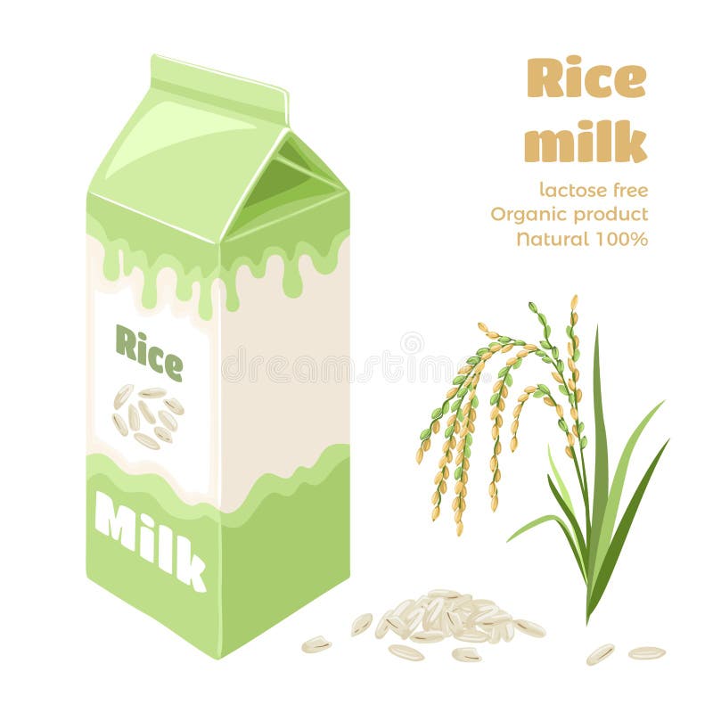 Rice milk in carton box isolated on white background. Vector illustration of plant-based drink, rice spike and grains royalty free illustration Rice milk in carton box isolated on white background. Vector illustration of plant-based drink, rice spike and grains royalty free illustration