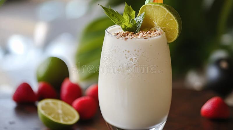 Rice milk smoothie with tropical fruits.. stock photo