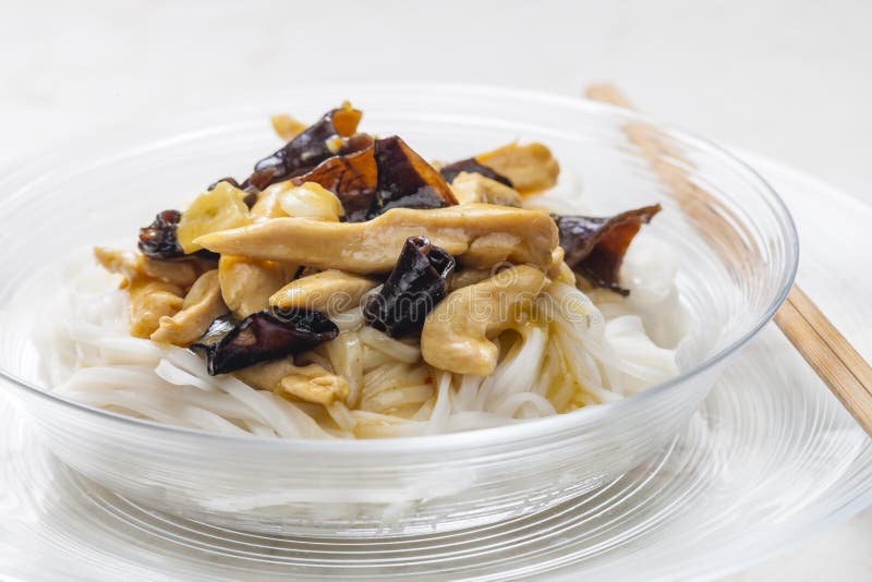 Rice Noodles with Chicken Meat and Mushroom Stock Photo Image of