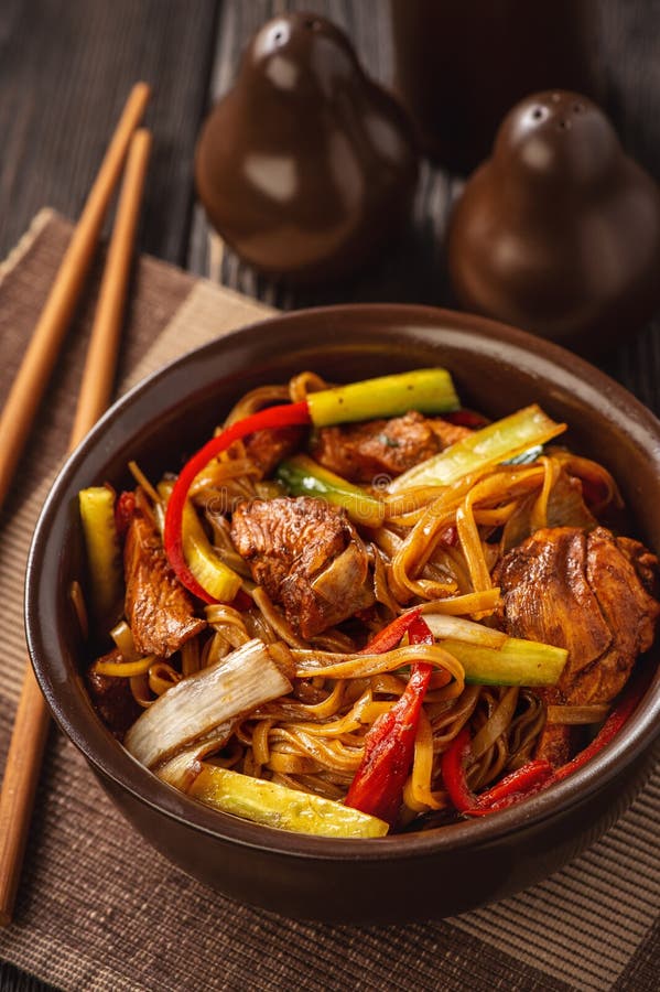 Rice Noodles with Chicken, Soy and Vegetables, Asian Cuisine. Stock