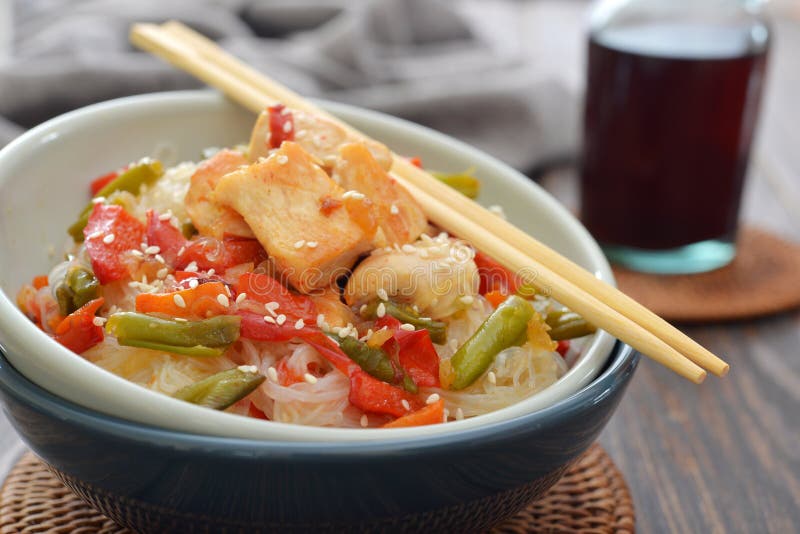 Roasted Meat, Rice Noodles and Vegetables on White Stock Image Image