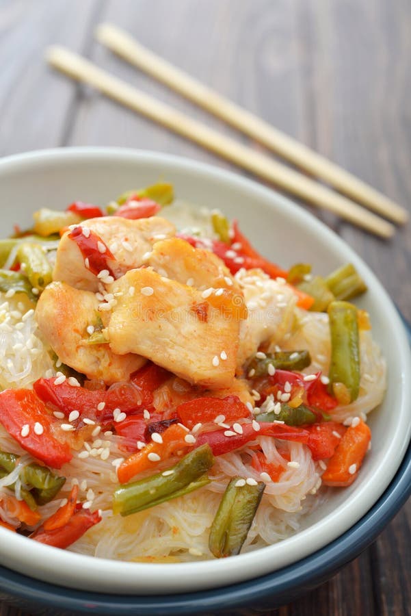 Rice noodles with chicken stock image. Image of delicious - 40178277