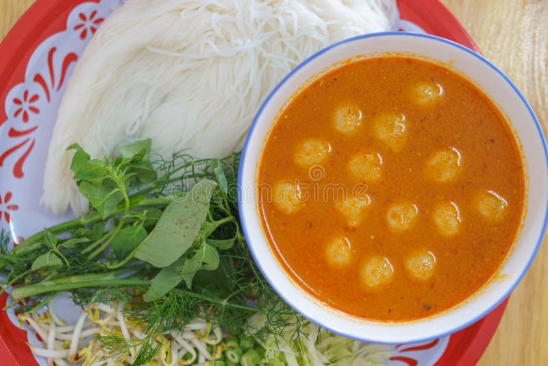 Rice Noodles in Fish Curry Sauce with Vegetables Stock Photo Image of