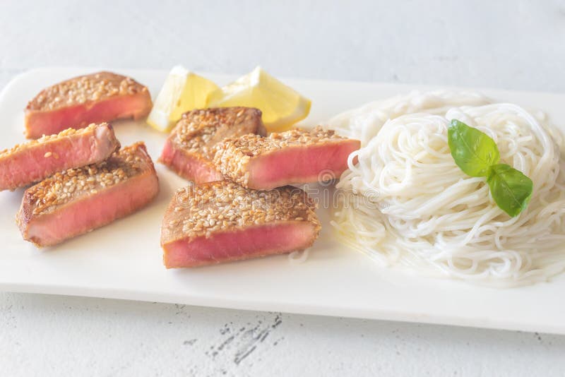 Rice Noodles with Fried Tuna Stock Photo Image of cuisine, plate