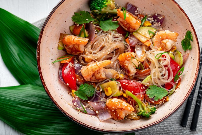 Rice Noodles with Shrimp and Vegetables. Asian Cuisine Stock Photo
