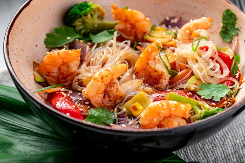 Rice Noodles with Shrimp and Vegetables. Asian Cuisine Stock Image