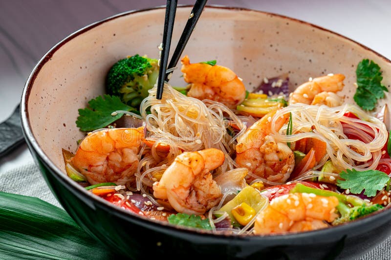 Rice Noodles with Shrimp and Vegetables. Asian Cuisine Stock Image