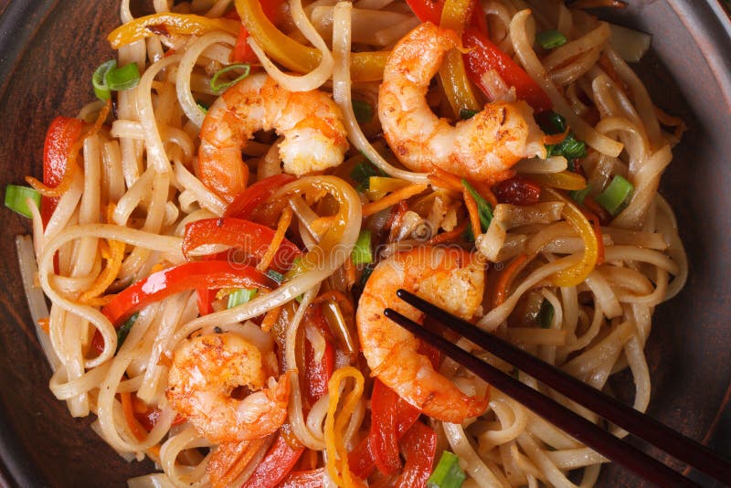 Rice Noodles with Shrimp and Vegetables Macro Horizontal Stock Photo
