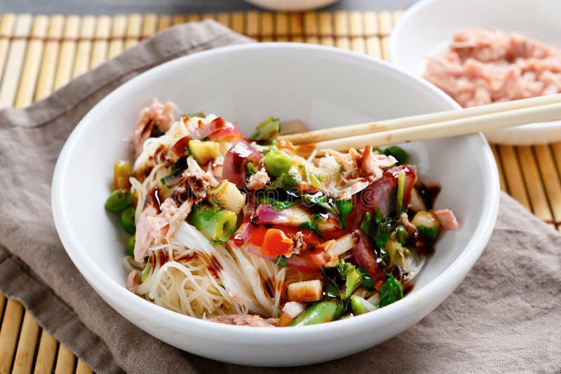 Chinese Rice Noodles and Slices of Tuna Stock Photo Image of japanese, noodle 29892518
