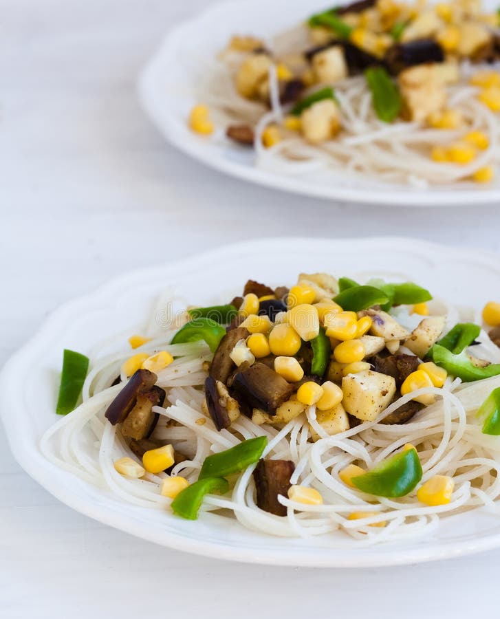 Rice Noodles with Vegetables Stock Image - Image of green, utensils