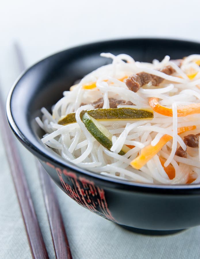Rice Noodles with Vegetables, Mushrooms and Meat Stock Image Image of