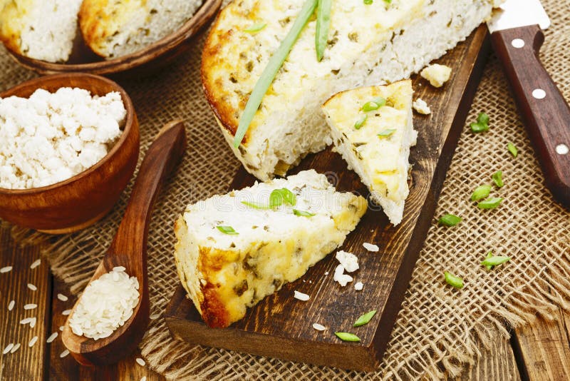 Rice Pie with Cottage Cheese Stock Image Image of spring, wooden