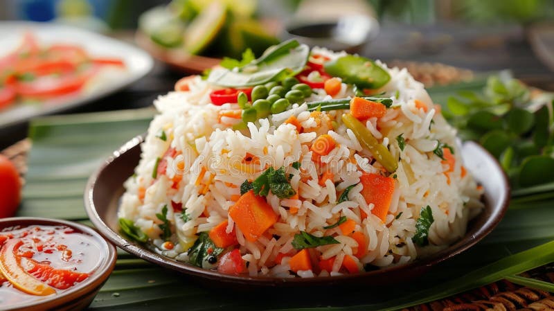 Plate of rice with assorted vegetables royalty free stock image