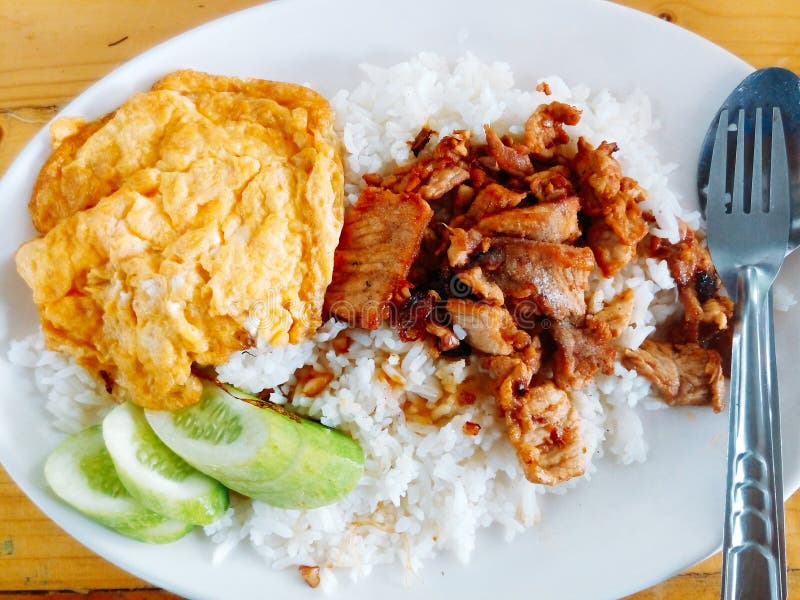 Rice with Pork Fried and Omelette Stock Photo Image of delicious, white 71657968
