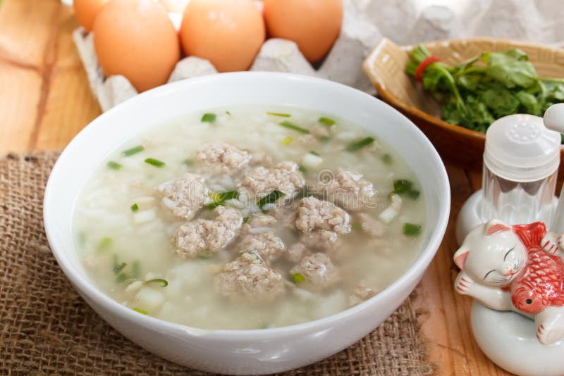 Rice Porridge with Minced Pork. Stock Photo Image of green