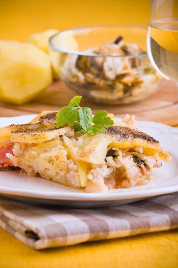 Rice, Potatoes and Mussels. Stock Photo Image of nutrition, healthy