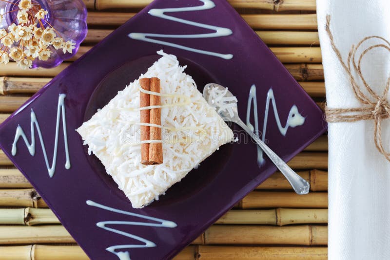 Rice Pudding with Coconut, Condensed Milk and Cinnamon on Purpl Stock