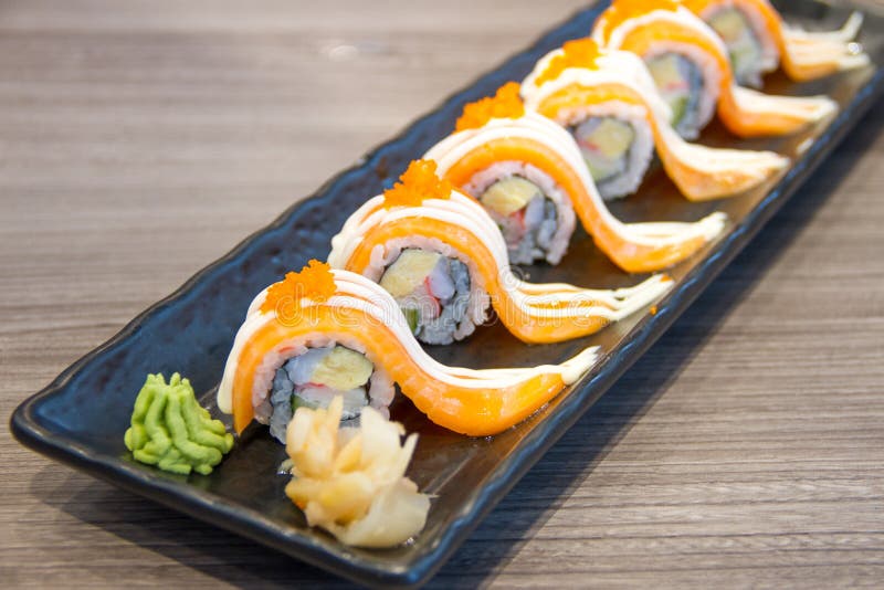 Rice Roll Topped with Salmon Stock Photo Image of fish, salmon 85314804