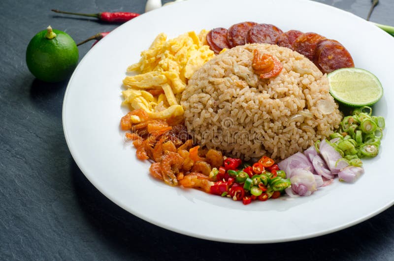 Rice Seasoned with Shrimp Paste, Thai Food on White Dish Over Da Stock Photo Image of dish