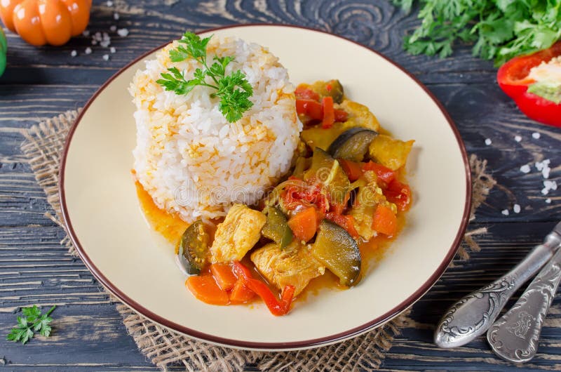 Rice and Stew with Chicken and Vegetables Stock Photo Image of