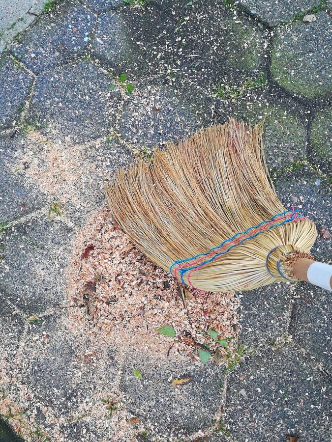 Rice straw broom in action stock photo. Image of ridge 99456766