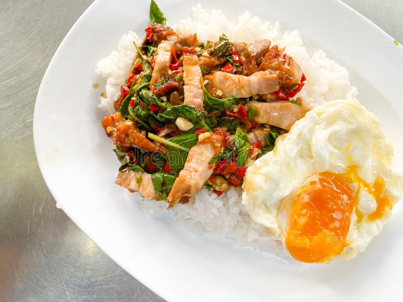 Rice Topped with Crispy Pork Belly with Thai Basil Stock Photo Image